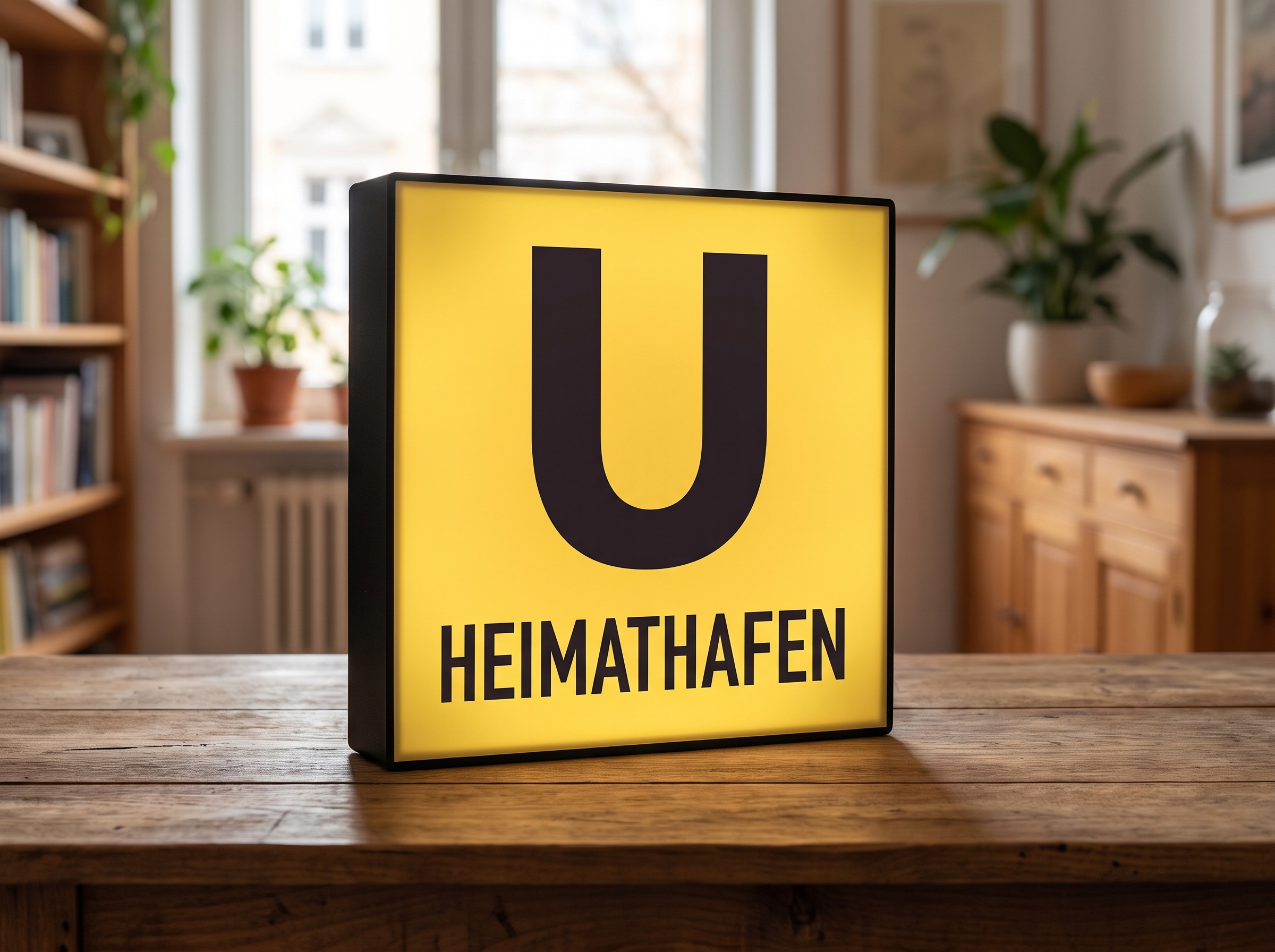 Leuchtende U-Bahn-Station-Lampe Heimathafen in gelber Linie U4 auf dem Schreibtisch