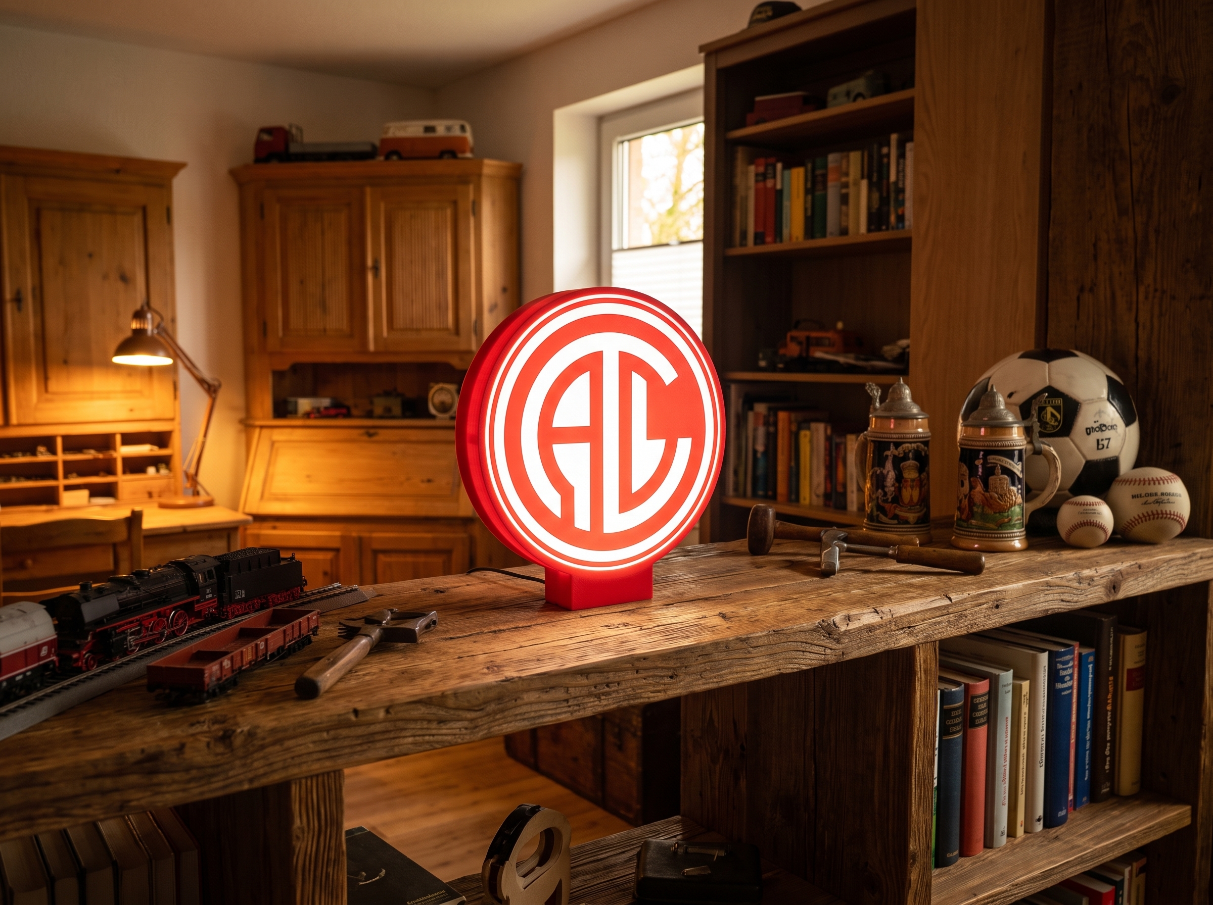Leuchtende Fan-Lampe mit Vereinswappen im Hobbyraum