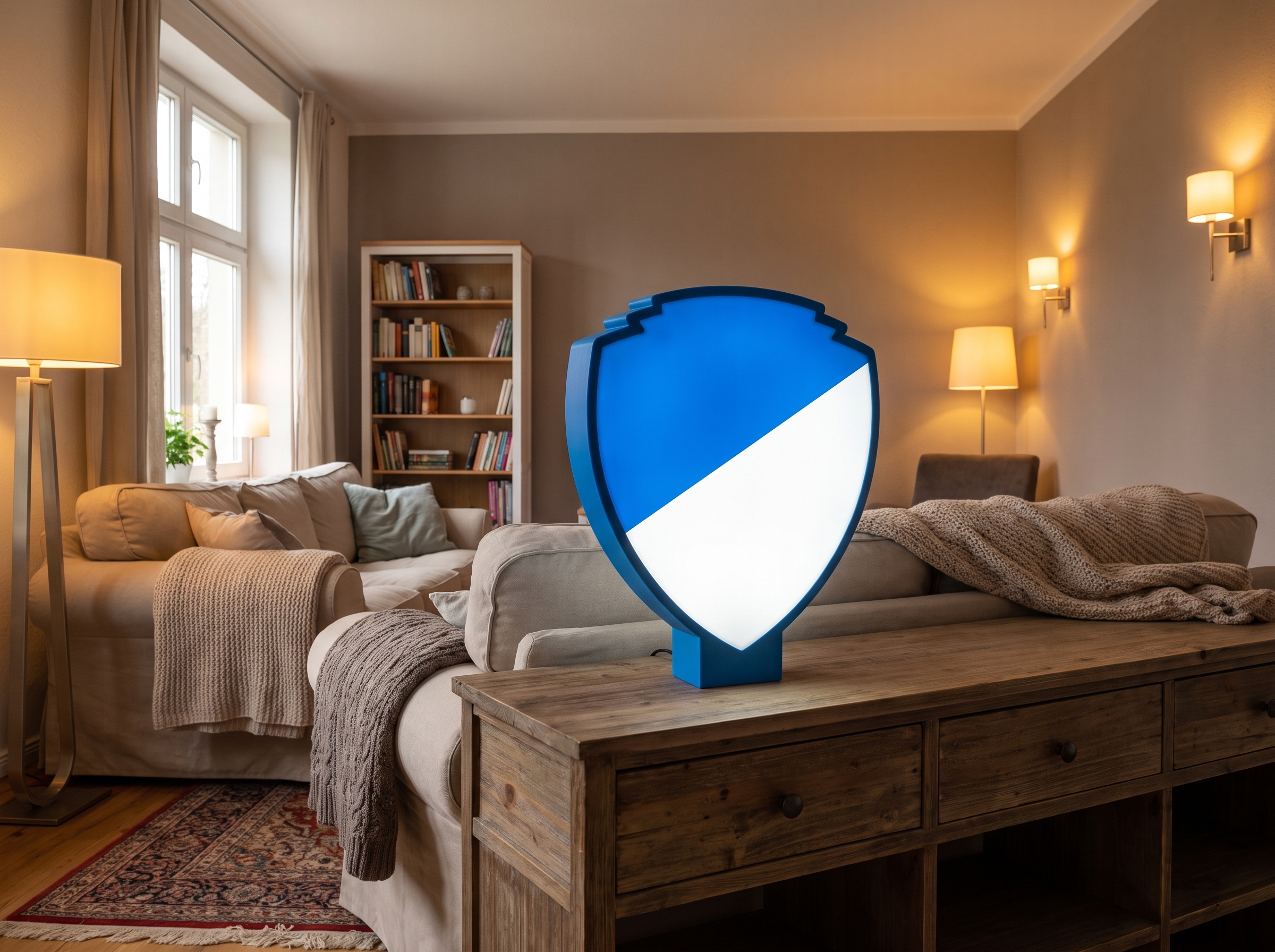 Leuchtende Vereinslampe, die der Kontur des Wappens folgt