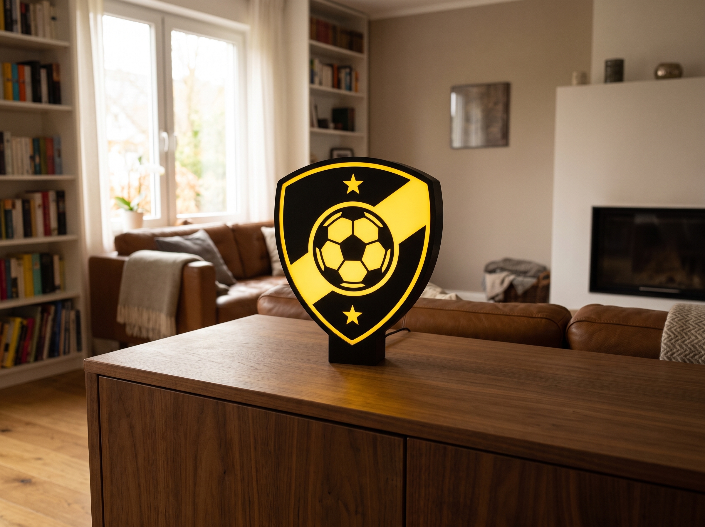 Leuchtende Vereinslampe mit deinem Wappen auf einem Sideboard im Wohnzimmer
