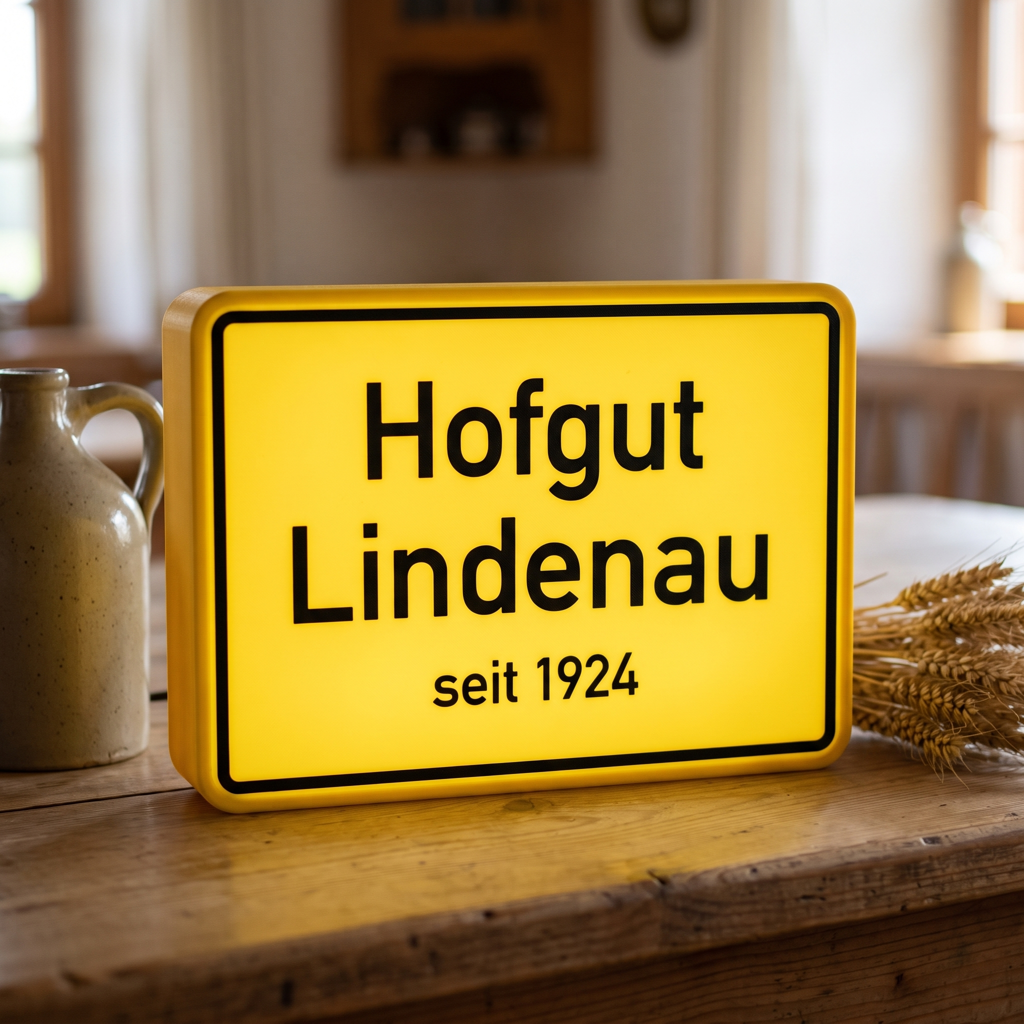 Leuchtende Ortstafel-Lampe Hofgut Lindenau seit 1924 auf einem rustikalen Holztisch