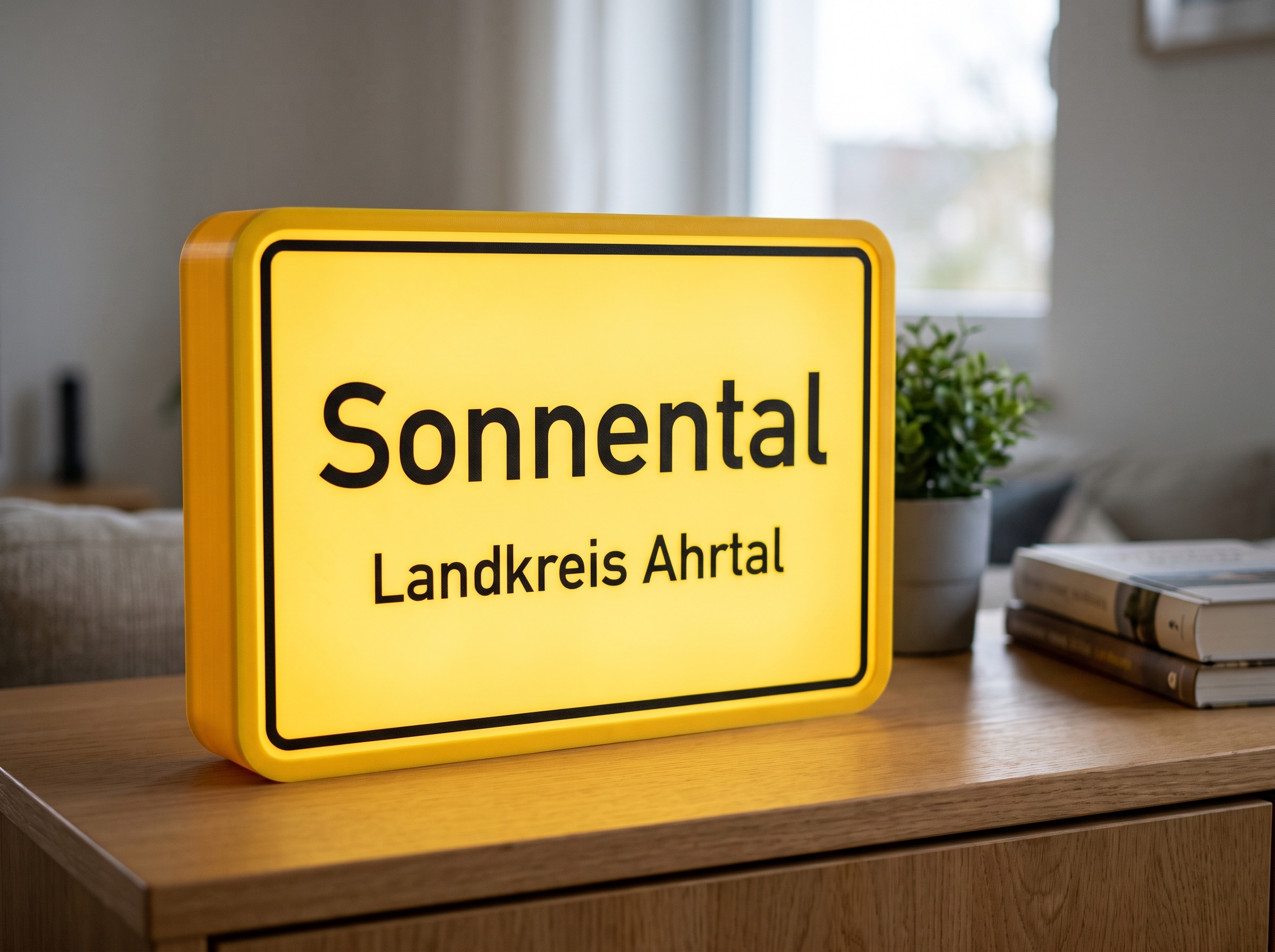 Leuchtende Ortstafel-Lampe Sonnental, Landkreis Ahrtal auf einem Sideboard im Wohnzimmer
