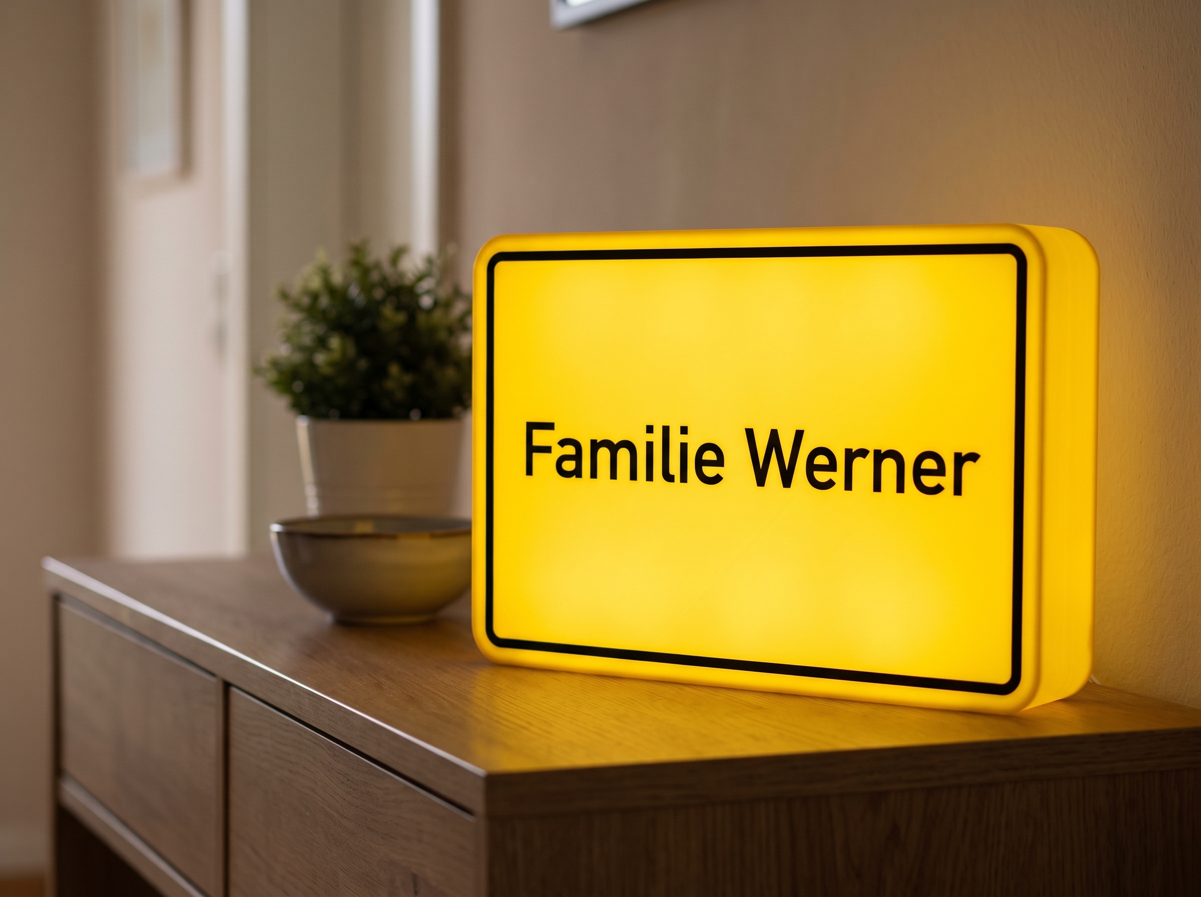 Leuchtende Ortstafel-Lampe Familie Werner auf einer Konsole im Flur