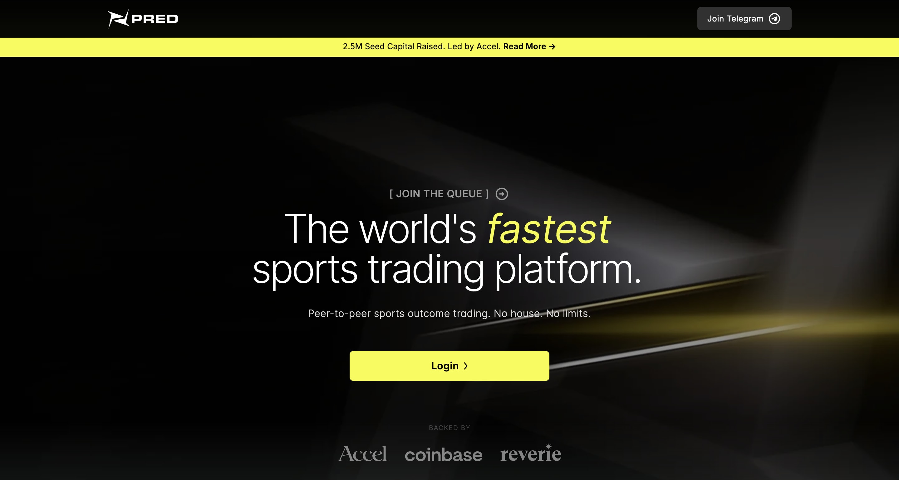 PRED homepage showing “world’s fastest sports trading platform” with login CTA and backing from Accel, Coinbase, and Reverie PRED homepage showing “world’s fastest sports trading platform” with login CTA and backing from Accel, Coinbase, and Reverie