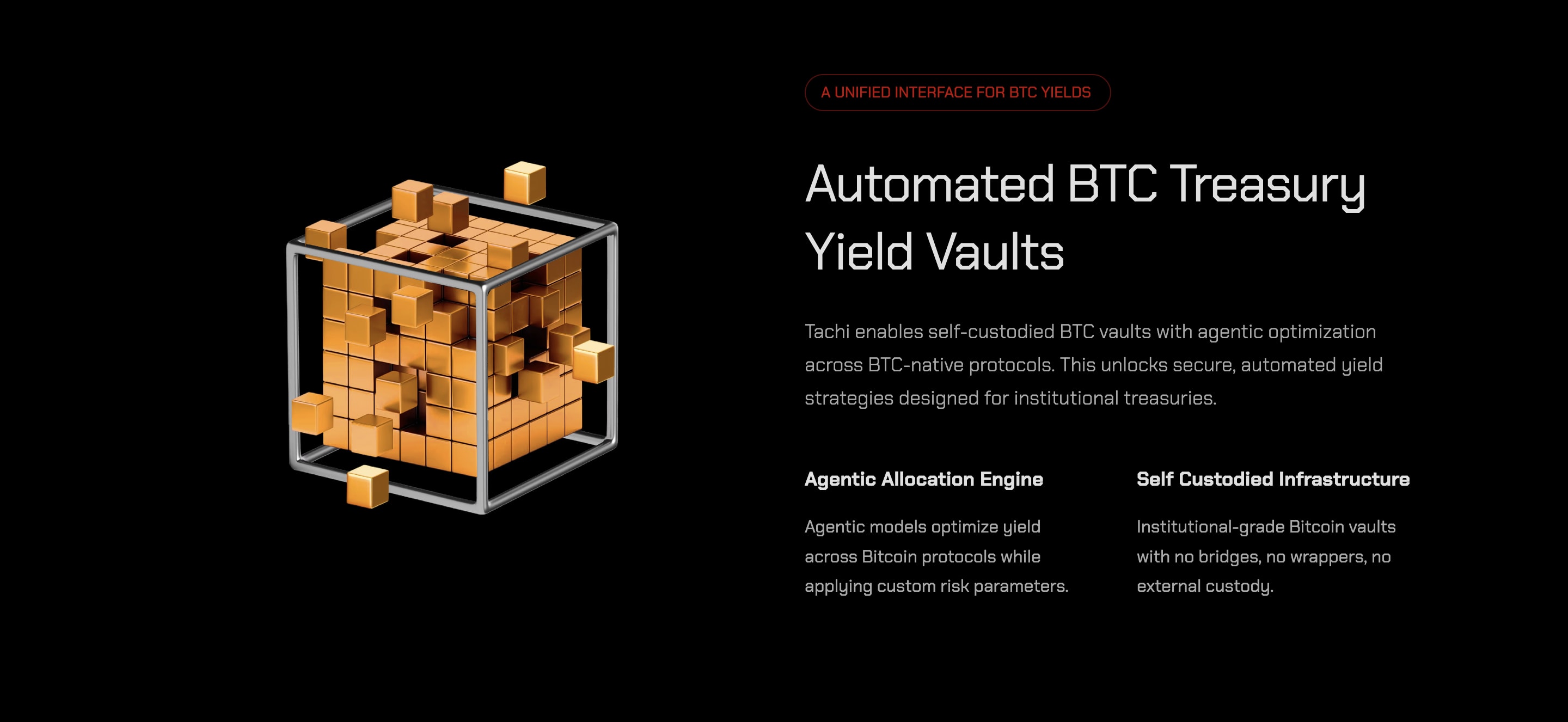 Tachi product section showing a 3D cube made of smaller blocks. Text describes “Automated BTC Treasury Yield Vaults” with features like agentic allocation engine and self-custodied infrastructure. Tachi product section showing a 3D cube made of smaller blocks. Text describes “Automated BTC Treasury Yield Vaults” with features like agentic allocation engine and self-custodied infrastructure.