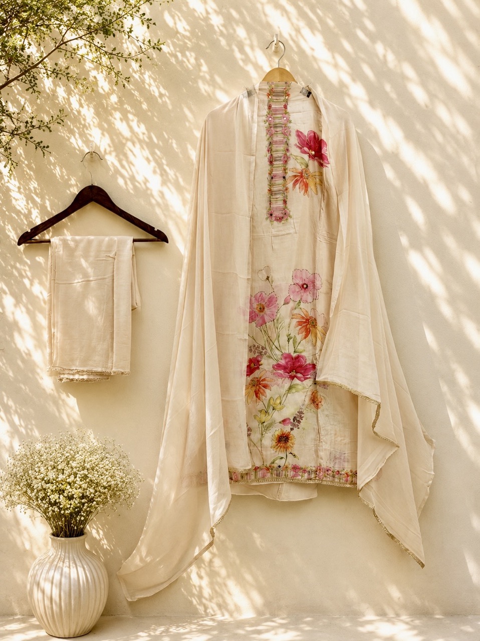Ivory White Digital Printed Muslin Unstitched  3-Piece Suit IM0019