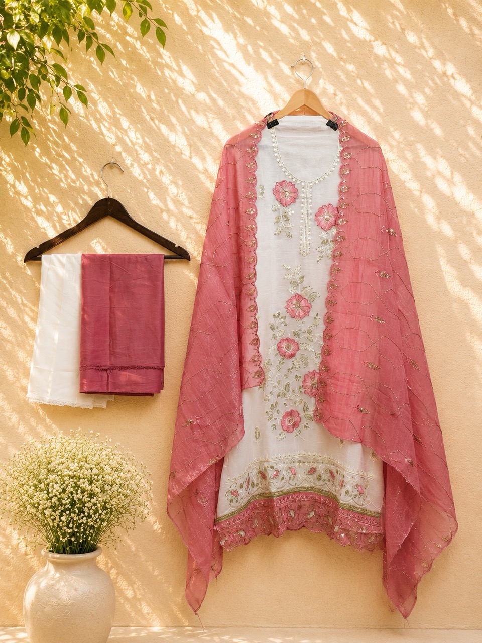 White & Rose Pink Muslin Floral Embroidered Unstitched 3-Piece Suit Set with Lining IM0025