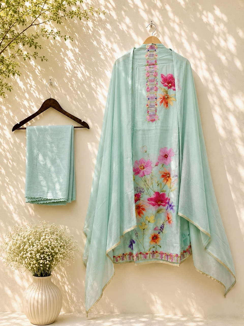Pastel Mint Muslin Floral Unstitched 3-Piece Set IM0032