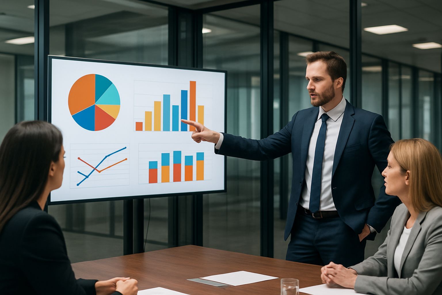 georgetown basketball: Business professional pointing at large monitor with colorful charts to colle