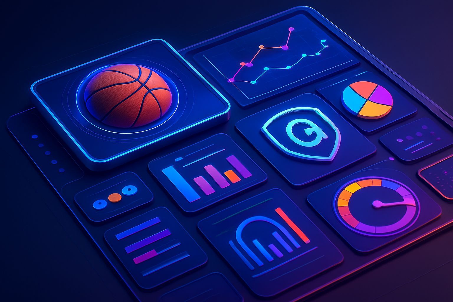 georgetown basketball: Isometric 3D render of a colorful futuristic dashboard interface about george