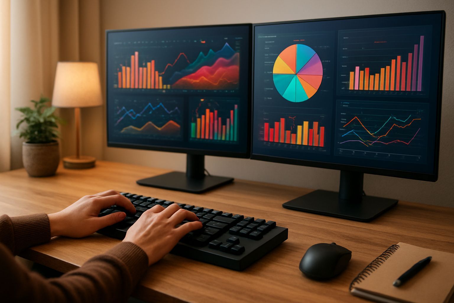 cobrar más servicios: Hands typing on mechanical keyboard with dual monitors showing abstract color