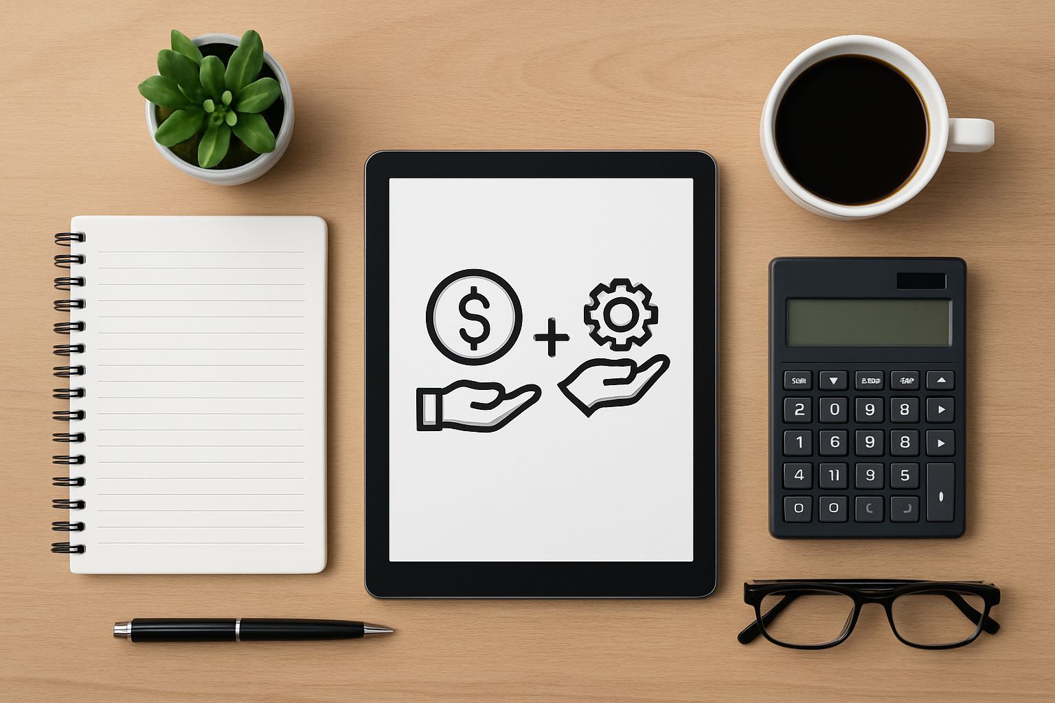 cobrar más servicios: Aerial overhead shot of organized desk with notebook and tablet showing cobra