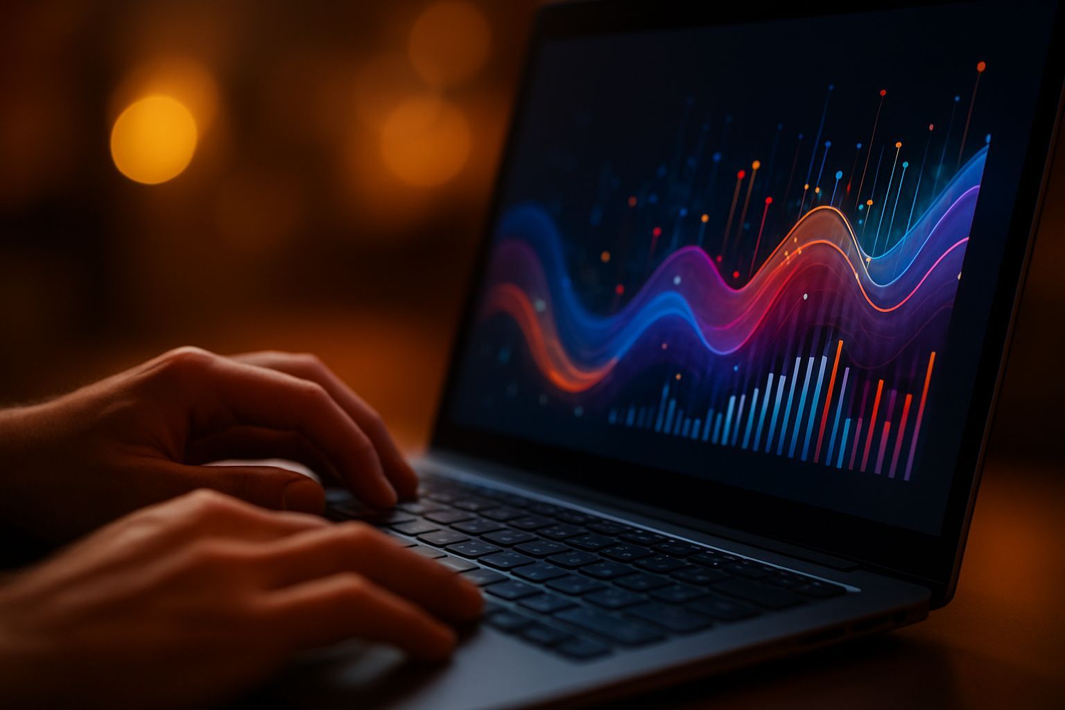 cobrar más servicios: Cinematic close-up of hands working on a laptop showing colorful abstract vis