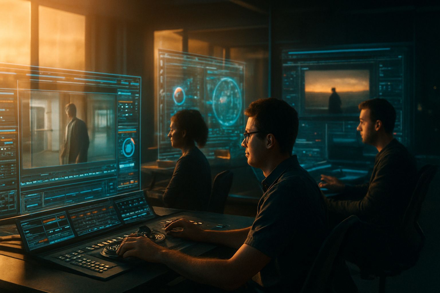oscars 2026 tecnología: Cinematic wide shot of editors in a high-tech studio using holographic inte