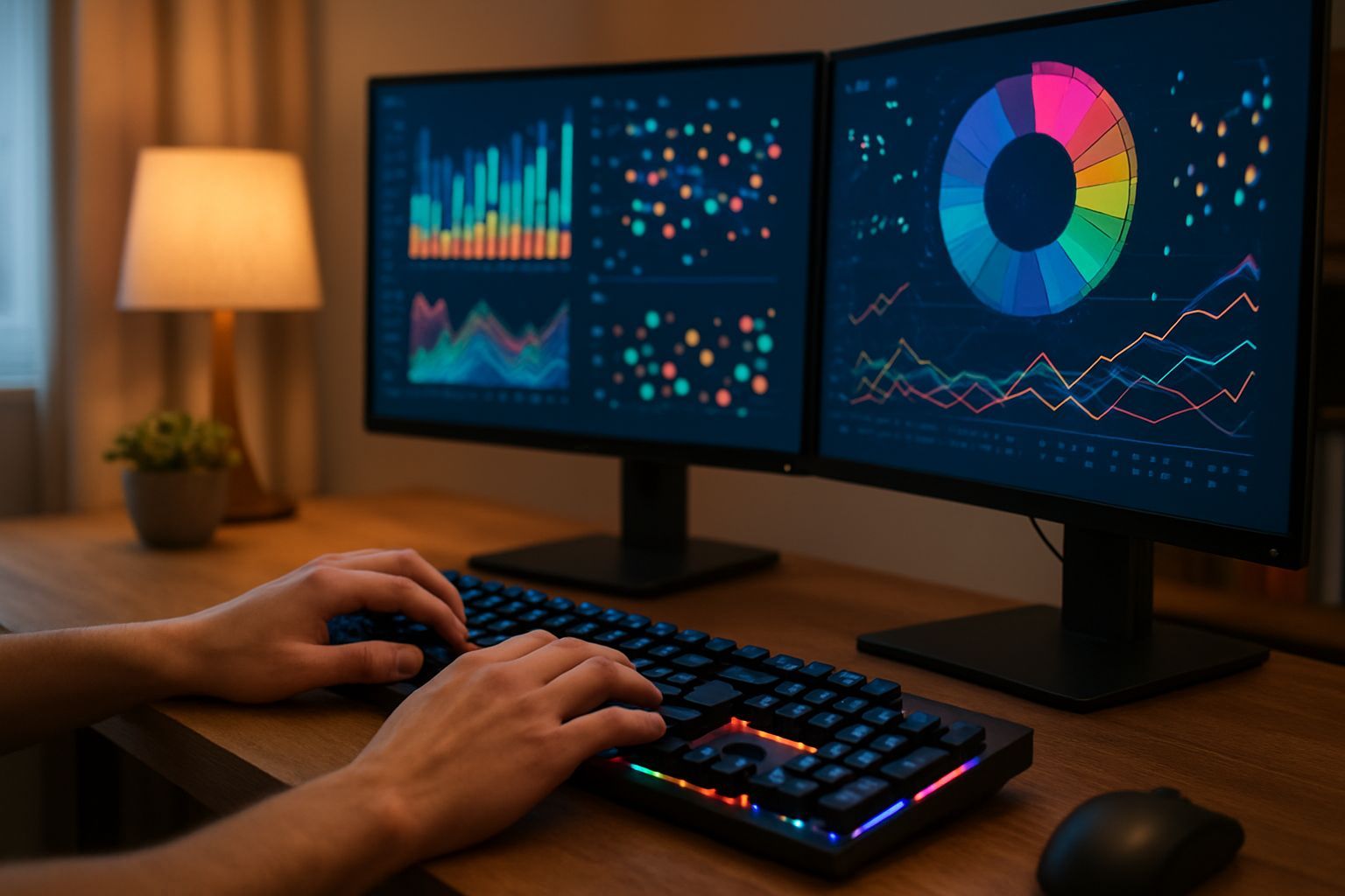 oscars 2026 tecnología: Hands typing on mechanical keyboard with dual monitors showing abstract col