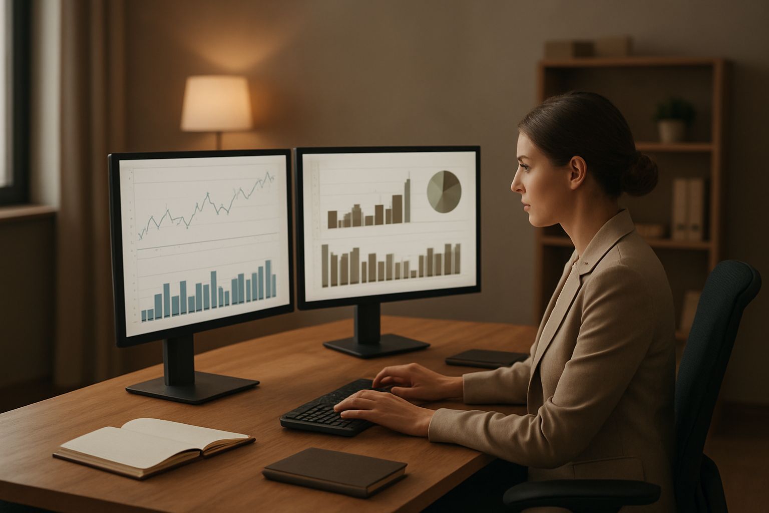 automatización de ventas: Professional office interior, muted earth tones, person focused on clean