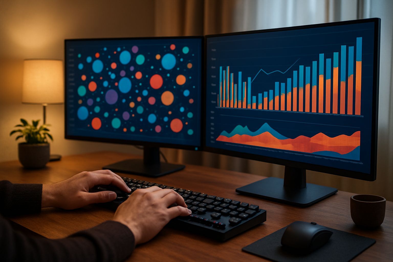 automatización de ventas: Hands typing on mechanical keyboard with dual monitors showing abstract c