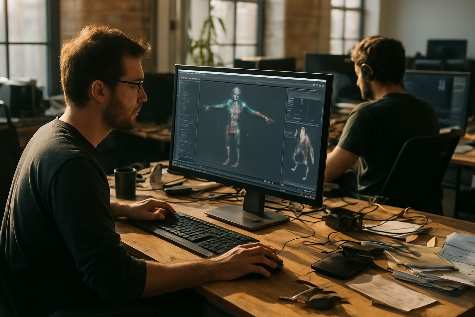 desarrollo de videojuegos: Professional game developers working in a sunlit studio, monitors display