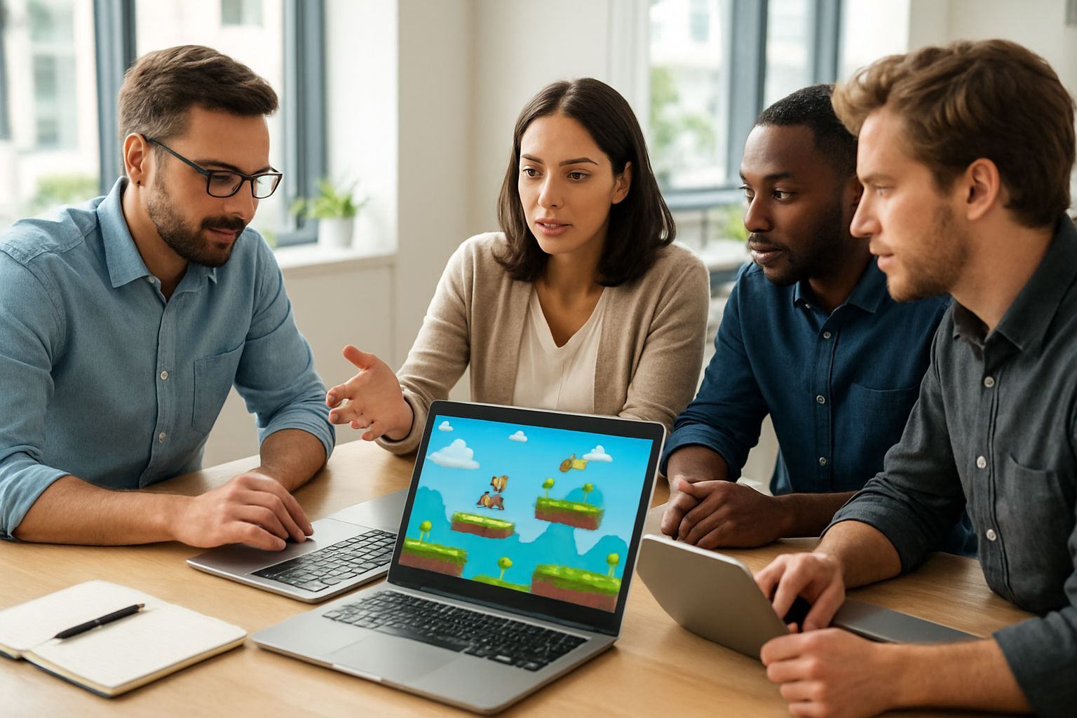 desarrollo de videojuegos: Professional team collaborating around laptops in modern bright office di