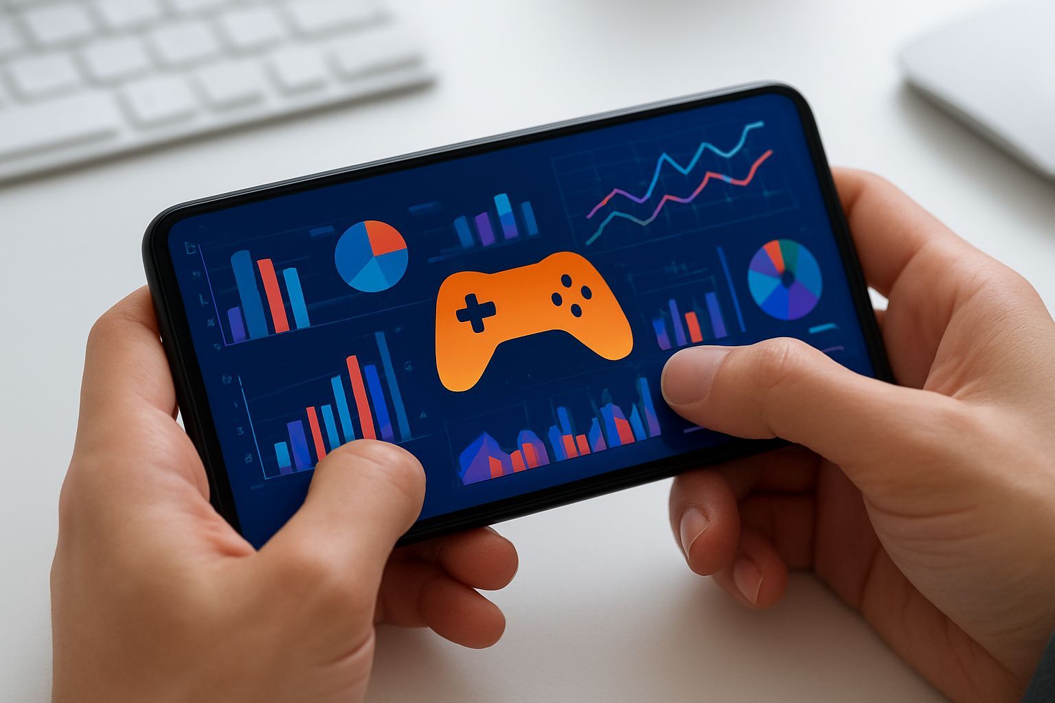 desarrollo de videojuegos: Close-up of hands on smartphone with colorful abstract data visualization