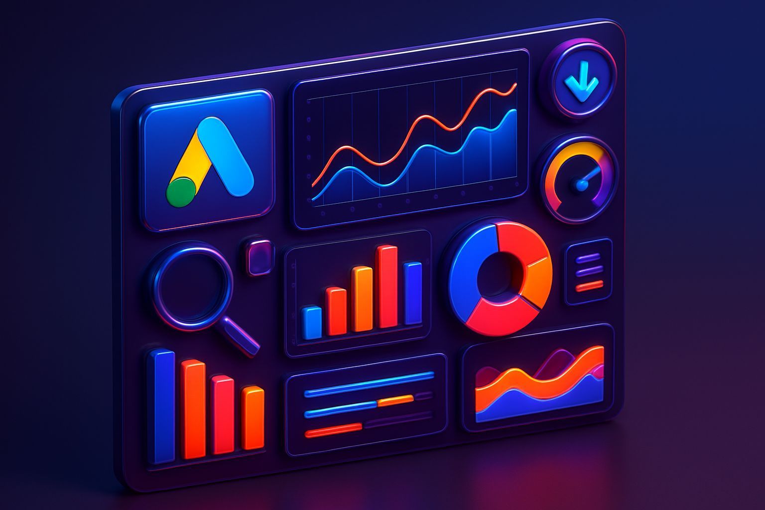 optimización Google Ads: Isometric 3D render of a colorful futuristic dashboard interface about opt