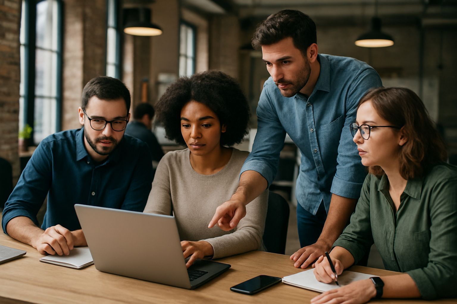 optimización Google Ads: Photojournalistic shot of a startup office with developers and designers c