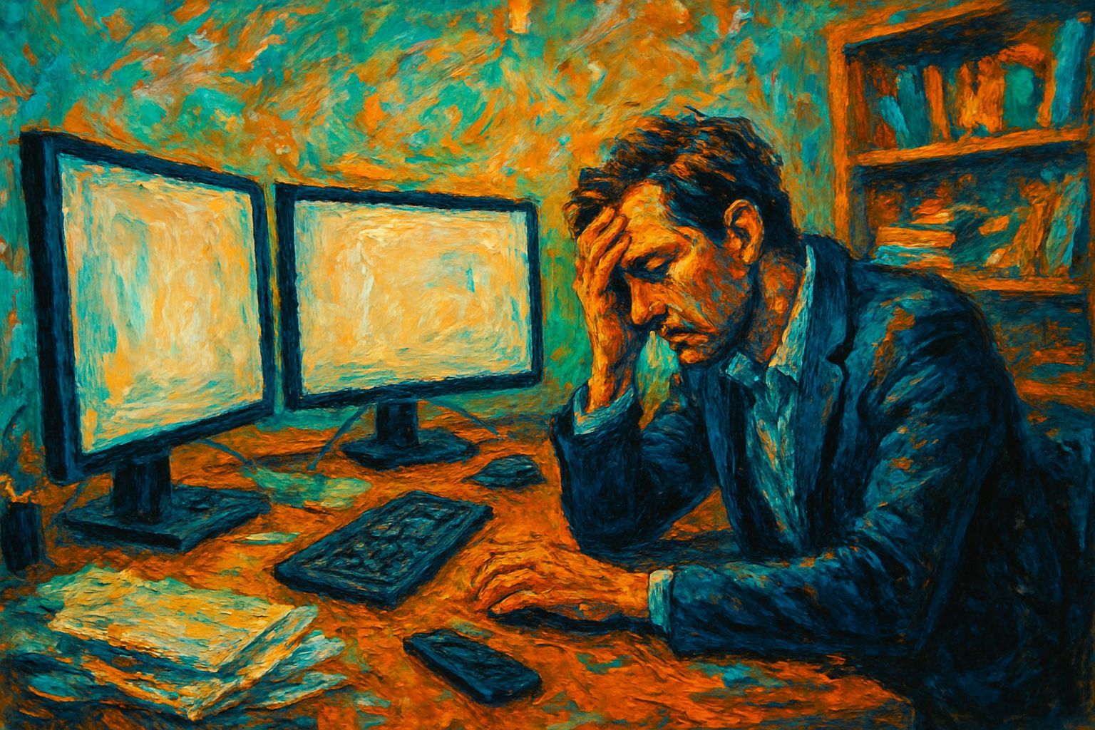 Por qué tu marca personal no genera dinero en 2026: Stressed entrepreneur staring at multiple blank