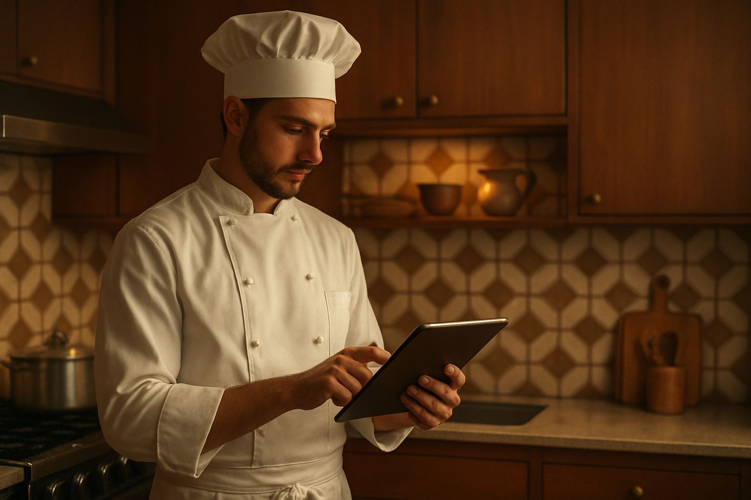 cultura digital restaurante: A chef in a pristine kitchen using a sleek tablet, mid-century modern a