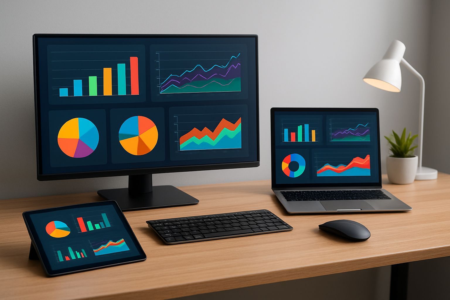 cultura digital restaurante: Desktop workspace with multiple screens showing abstract colorful dashb