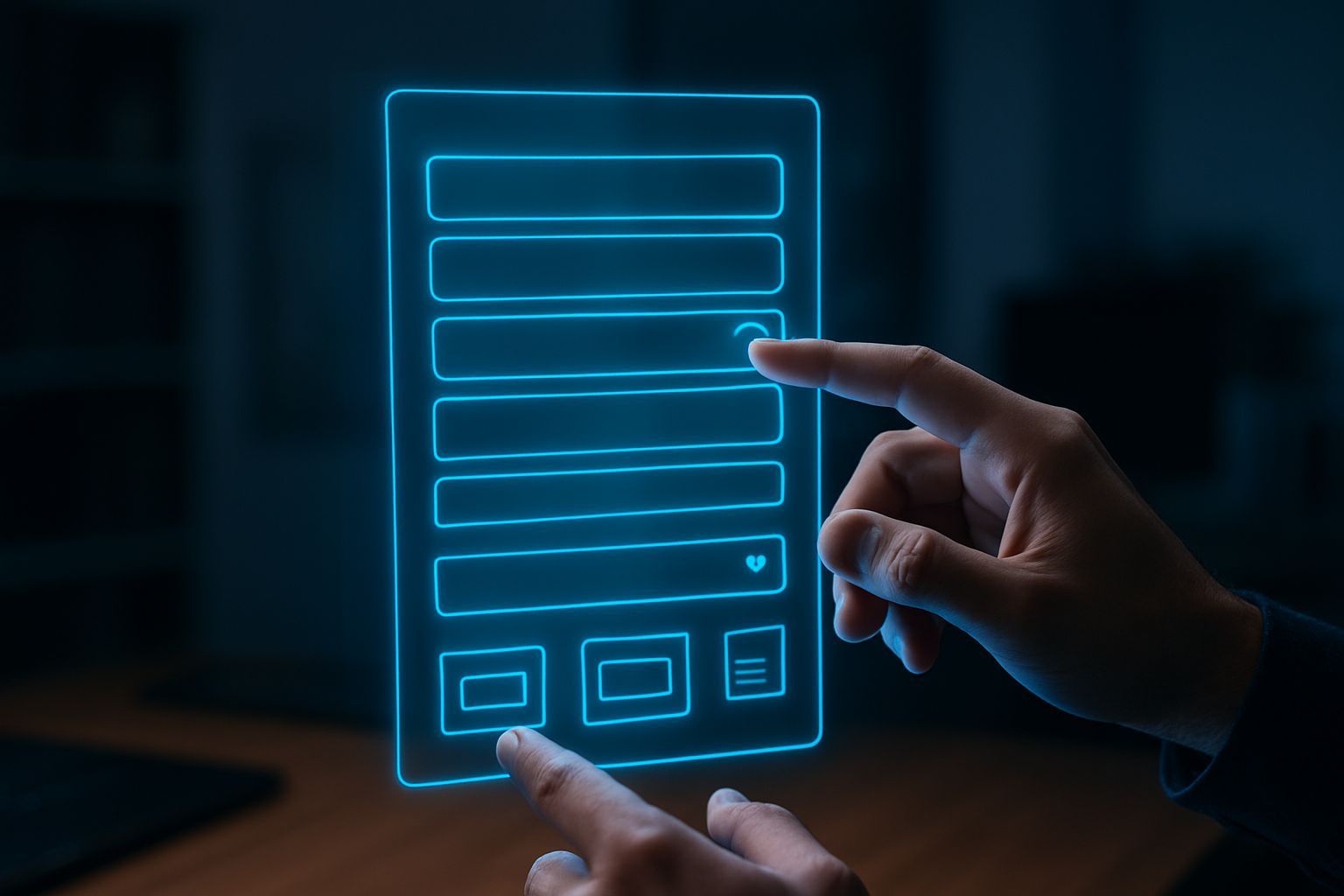 personalización web ux: Close-up of a developer’s hands manipulating a complex holographic dropdo