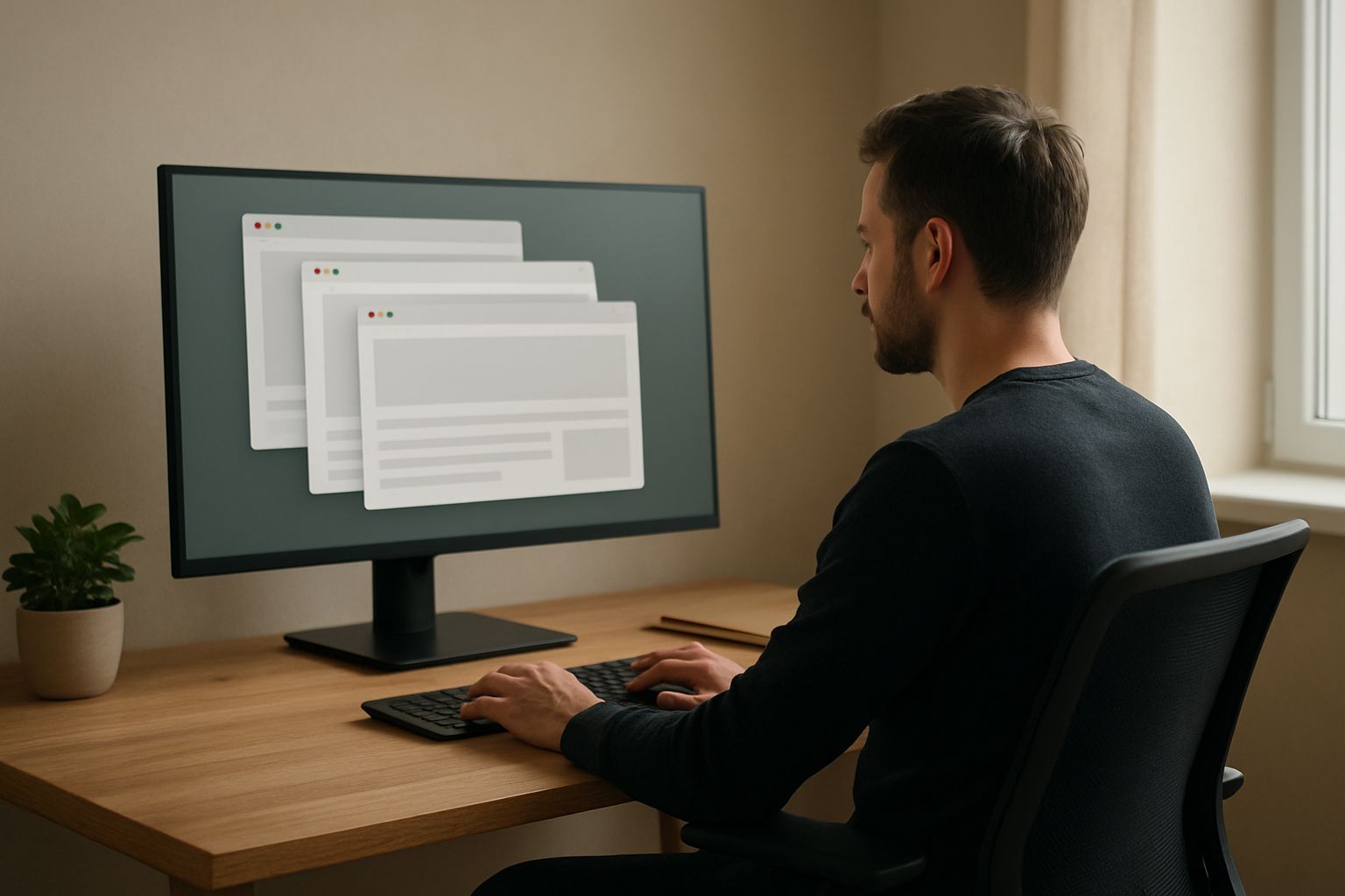 z-index css profesional: A professional web developer working on a sleek monitor displaying layered
