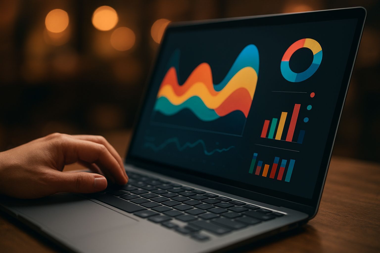 personalización web ux: Cinematic close-up of hands working on a laptop showing colorful abstract v