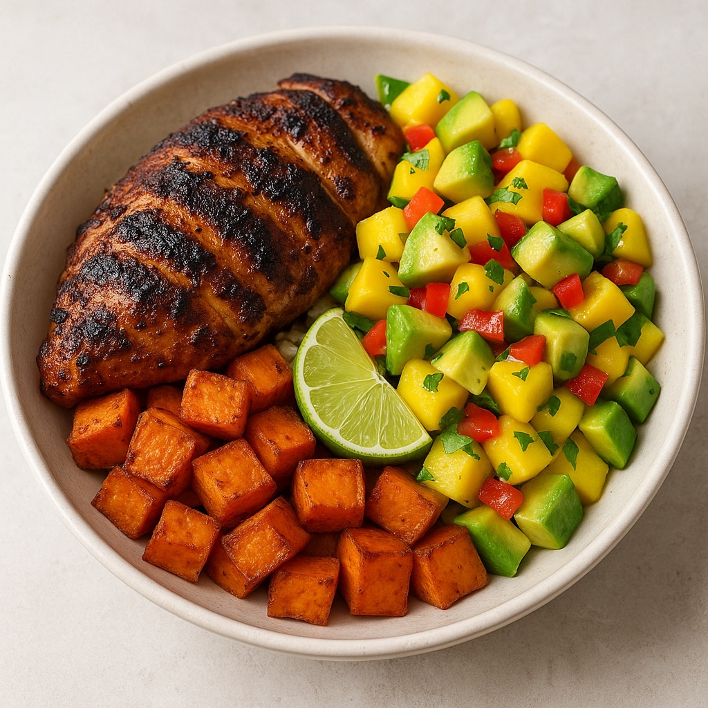 Caribbean Jerk Chicken Bowl with Mango‑Avocado Salsa