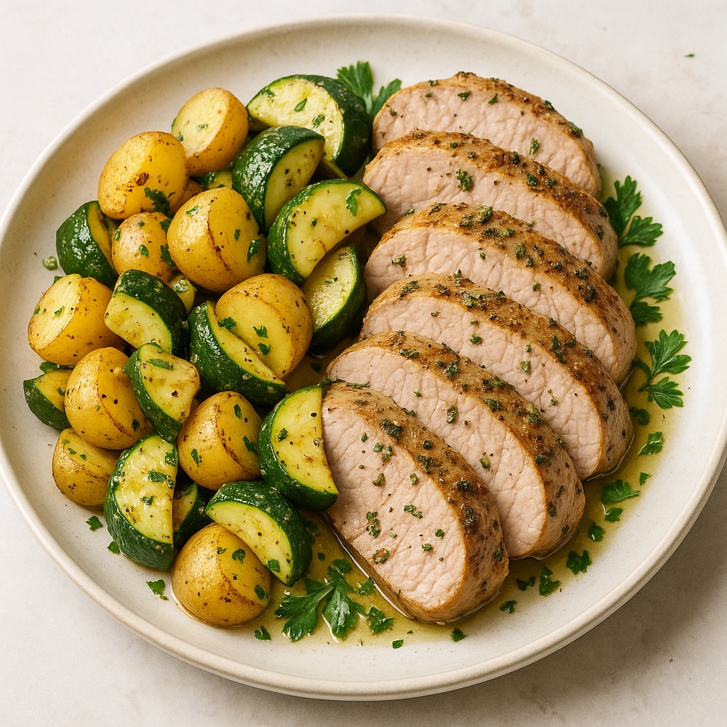 Mediterranean Marinated Pork Tenderloin with Warm Potato & Zucchini Salad