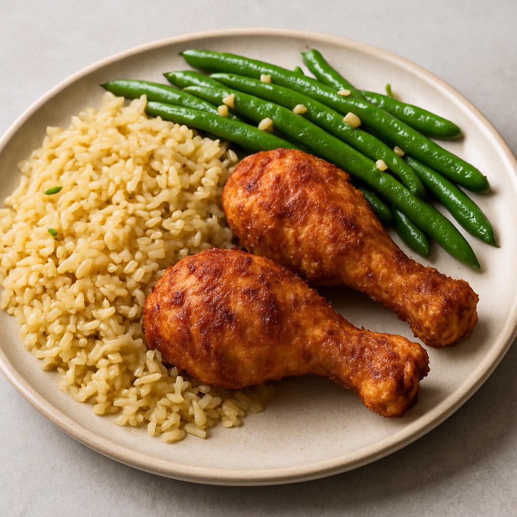 Air Fryer Southern Fried Chicken Drumsticks with Rice Pilaf and Garlicky Green Beans