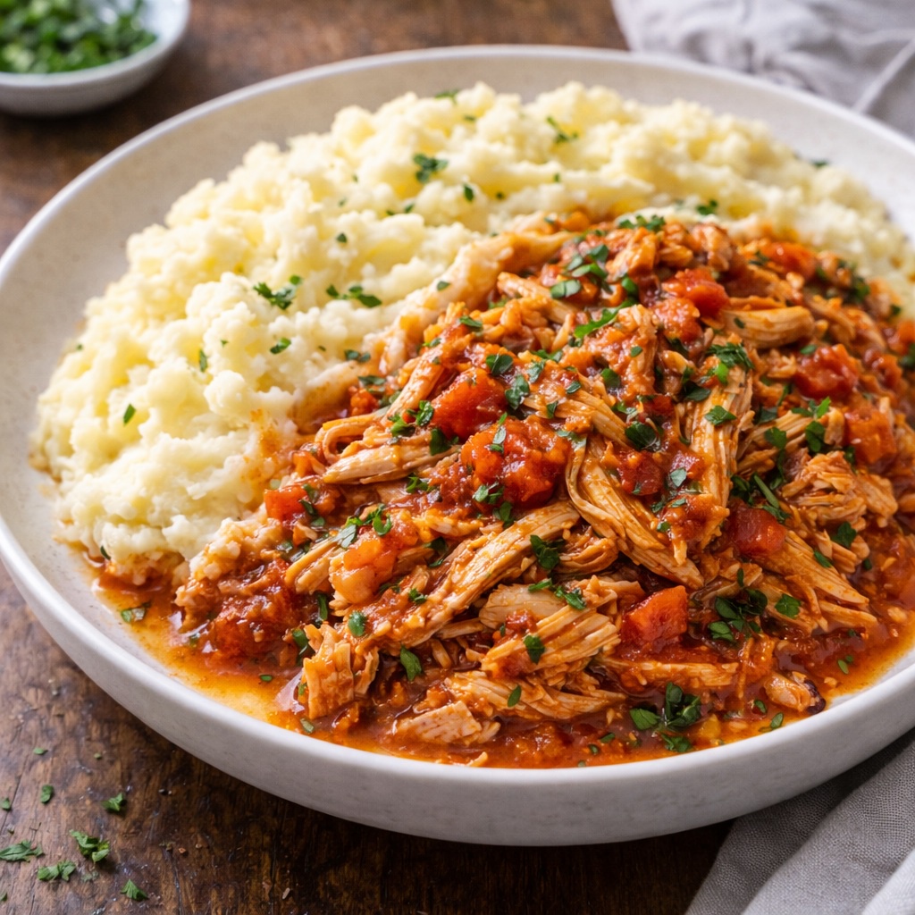 Shredded Chicken & Tomato Braise with Mashed Potatoes