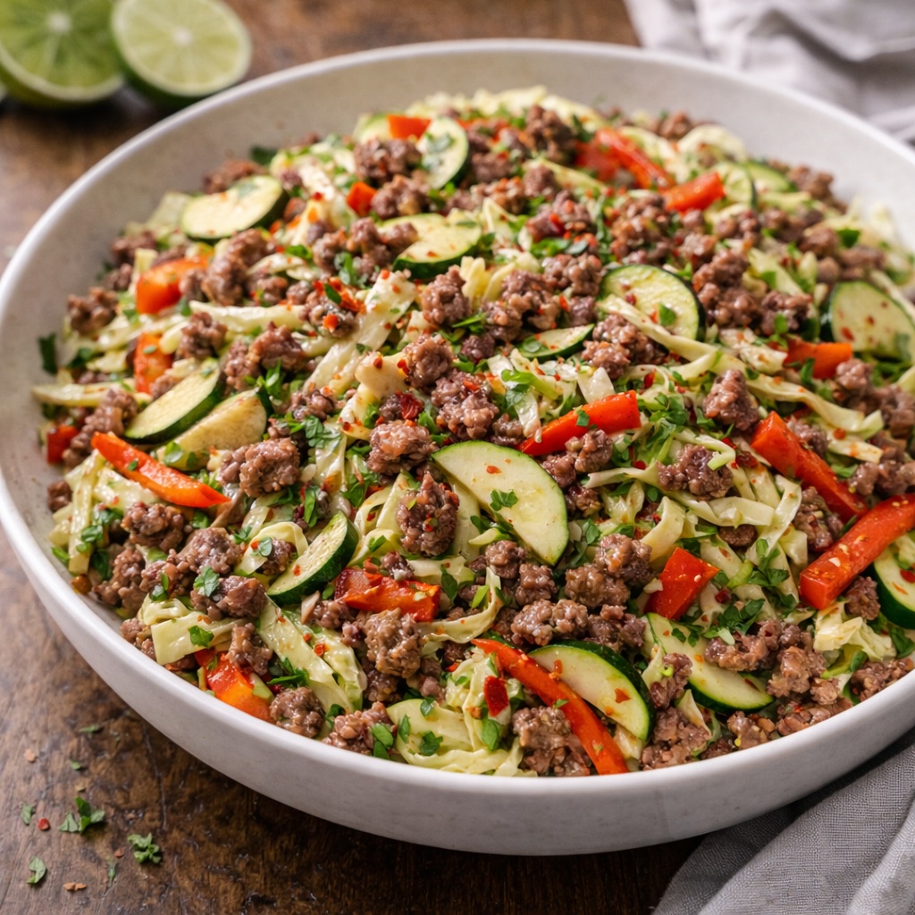 Ground Beef & Crunchy Cabbage Salad with Lime Dressing
