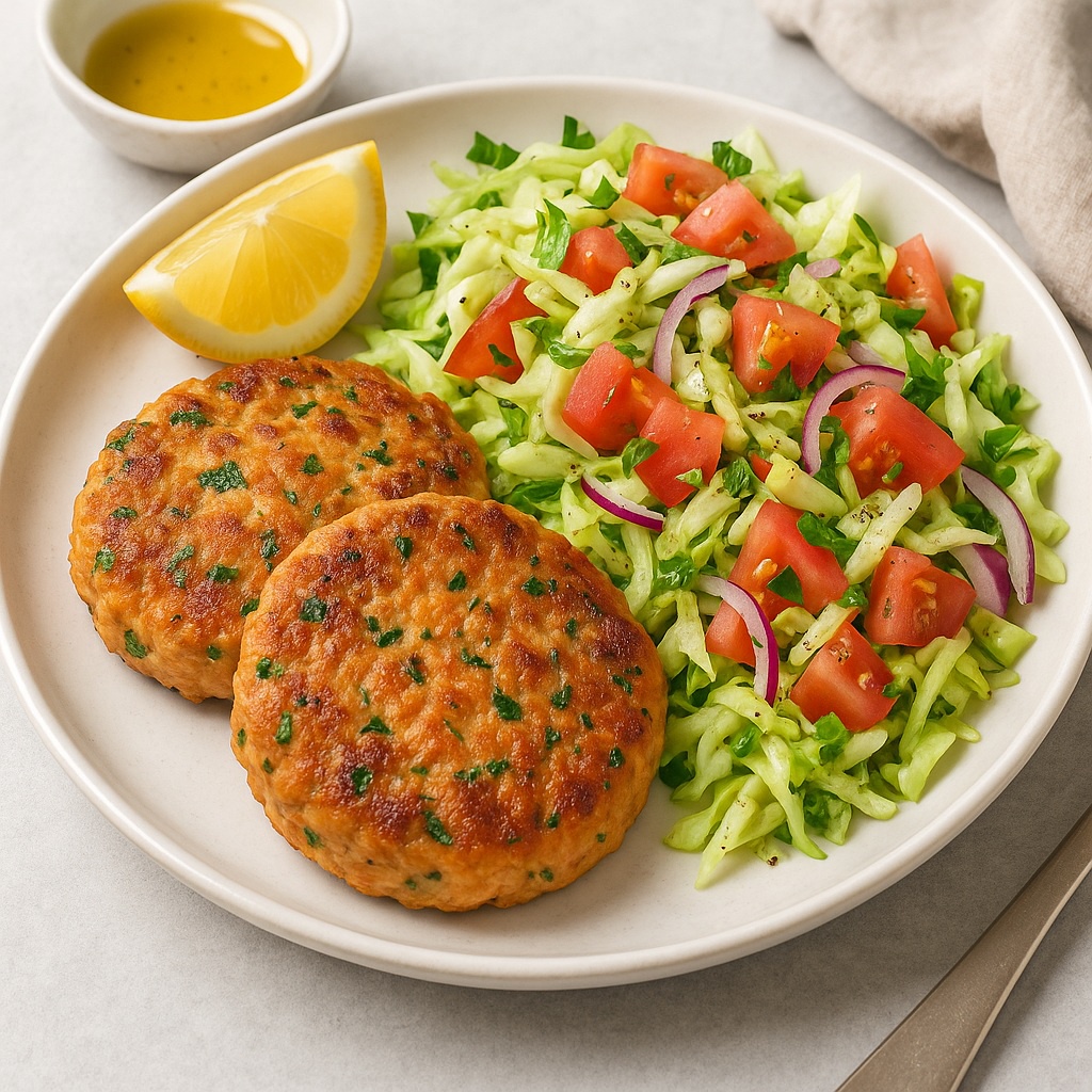 Mediterranean Salmon Patties with Cabbage & Tomato Salad