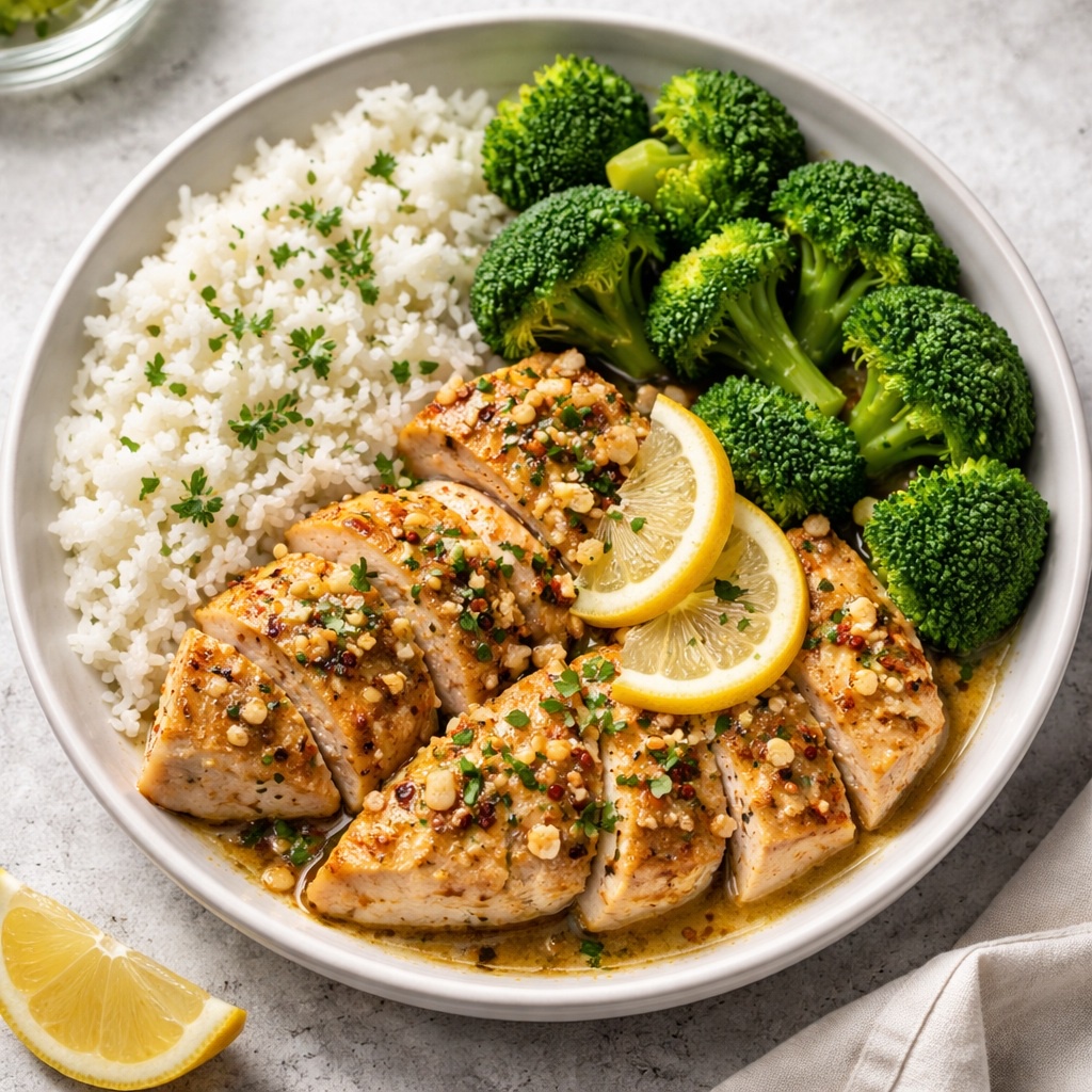 Lemon Garlic Chicken with Rice and Broccoli