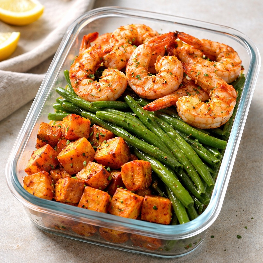 Spicy Cajun White Shrimp with Sweet Potato and Green Beans