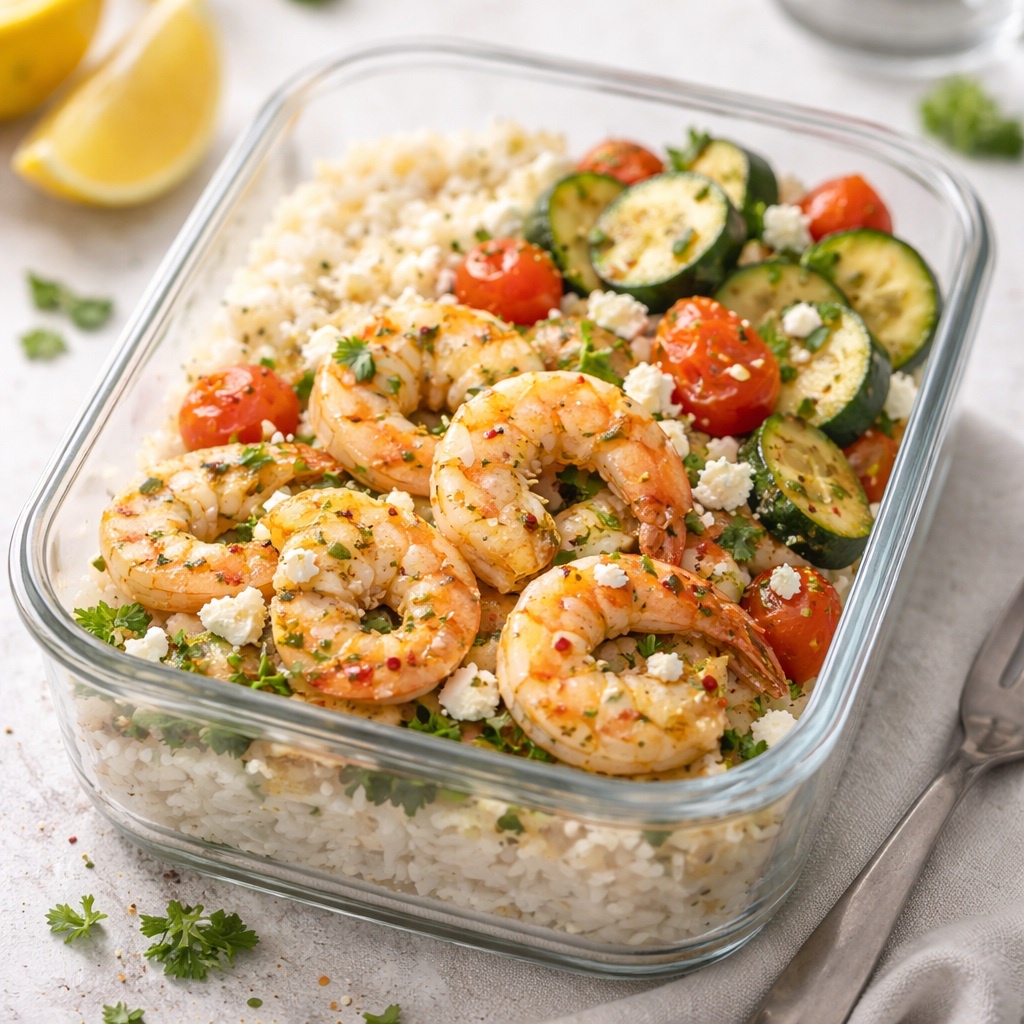 Mediterranean Lemon Oregano White Shrimp with rice and Zucchini