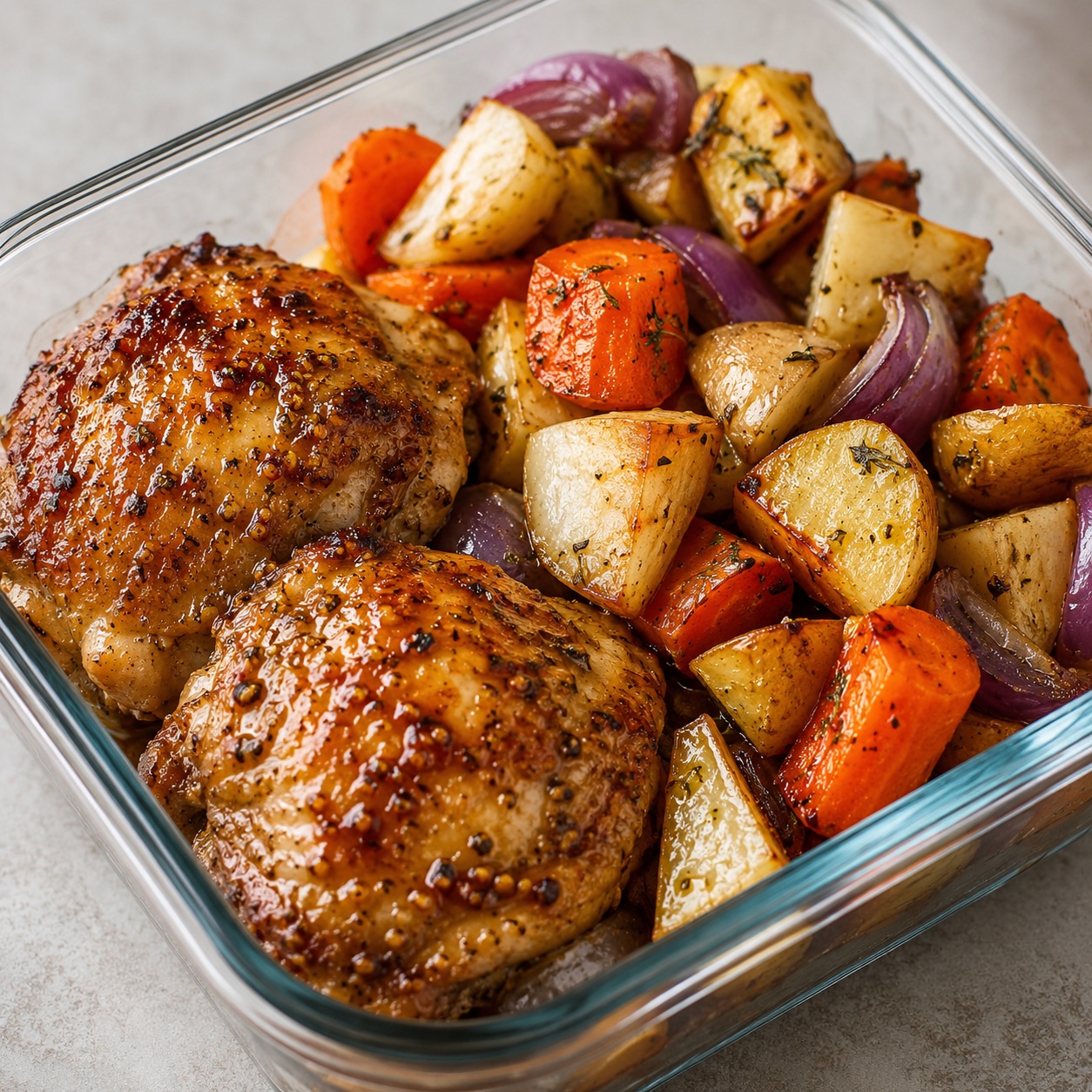 Maple Mustard Chicken Thighs with Roasted Root Vegetables