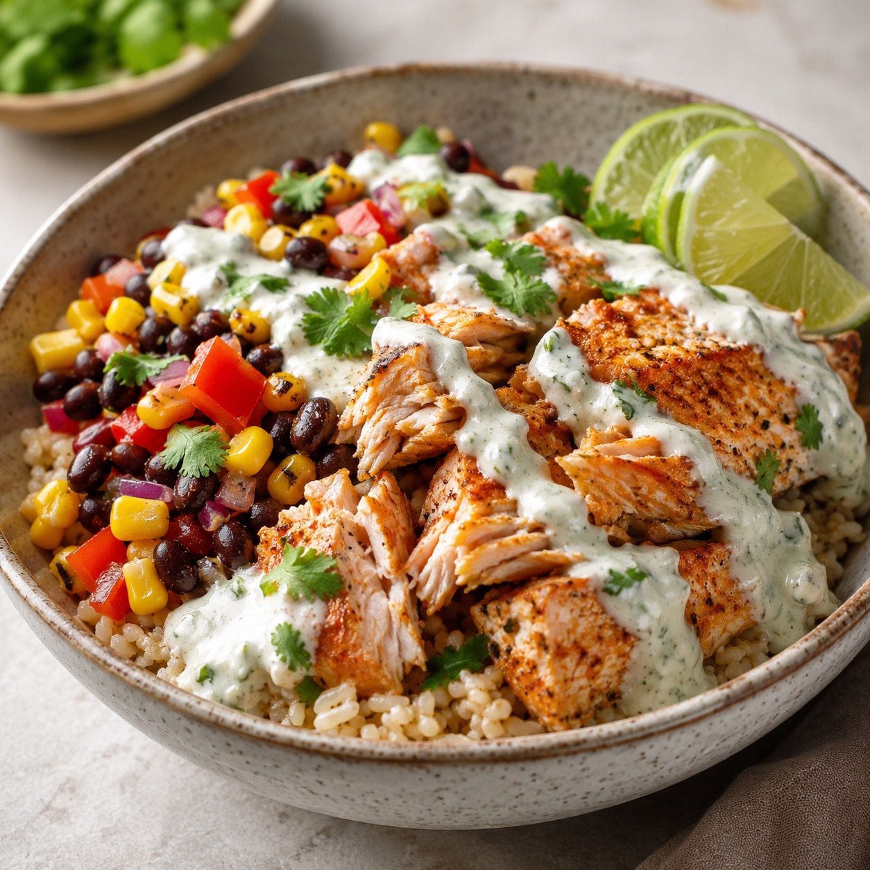 Smoky Trout Grain Bowls with Corn, Black Beans and Lime Yogurt