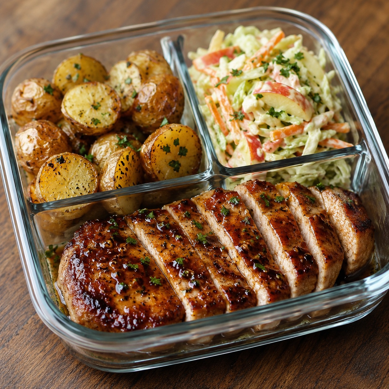 Maple-Dijon Pork Chops with Apple Cabbage Slaw and Baby Potatoes