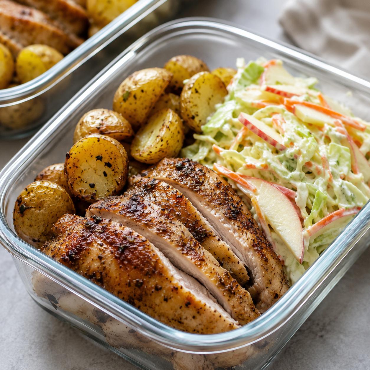 Chicken Thighs with Apple Cabbage Slaw and Baby Potatoes