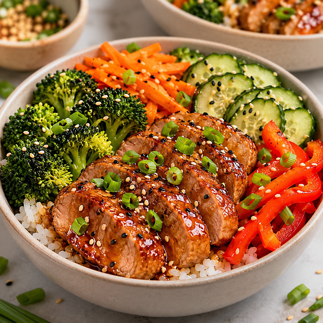 Miso Sesame Pork Tenderloin Rice Bowls
