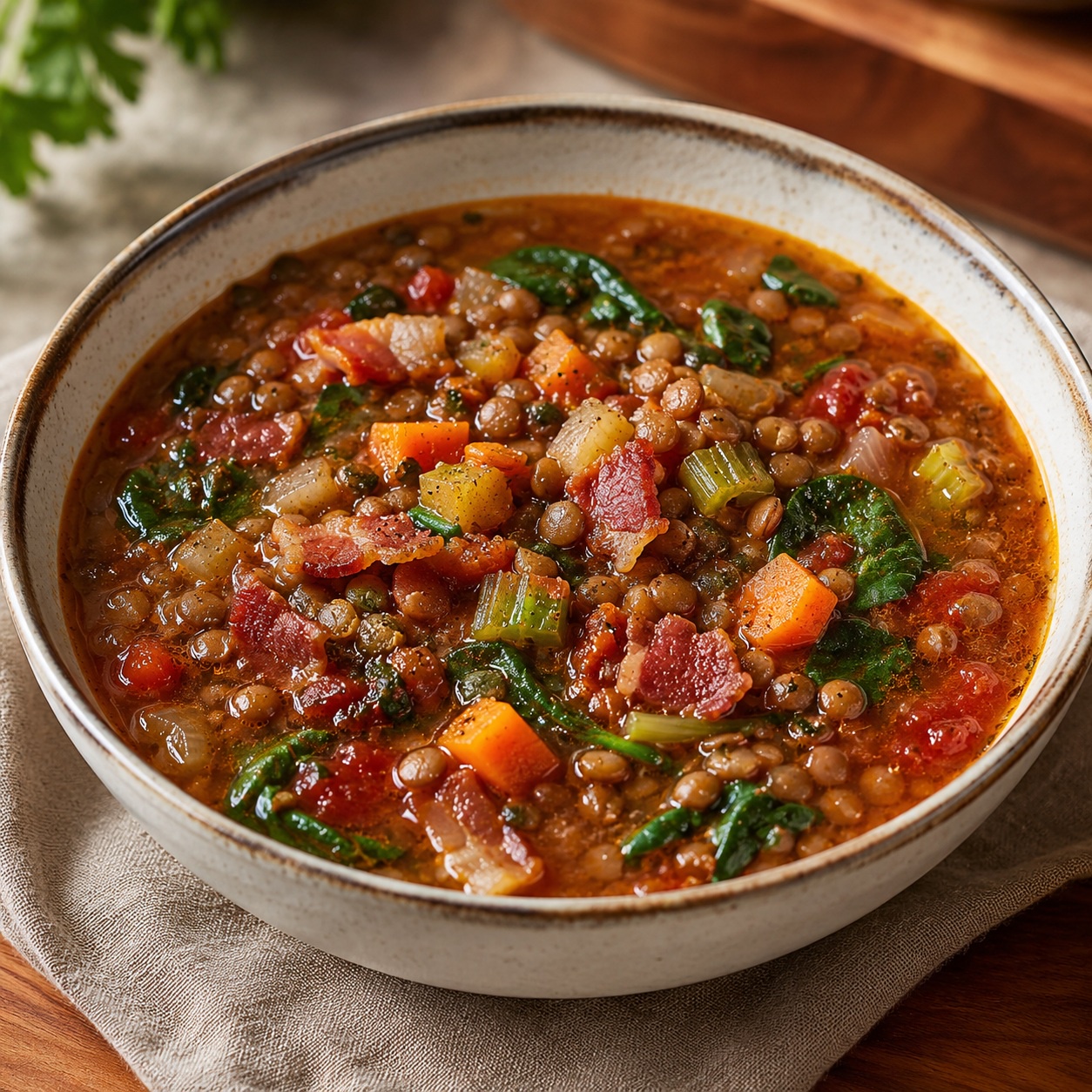 Bacon, Lentil and Roasted Vegetable Soup
