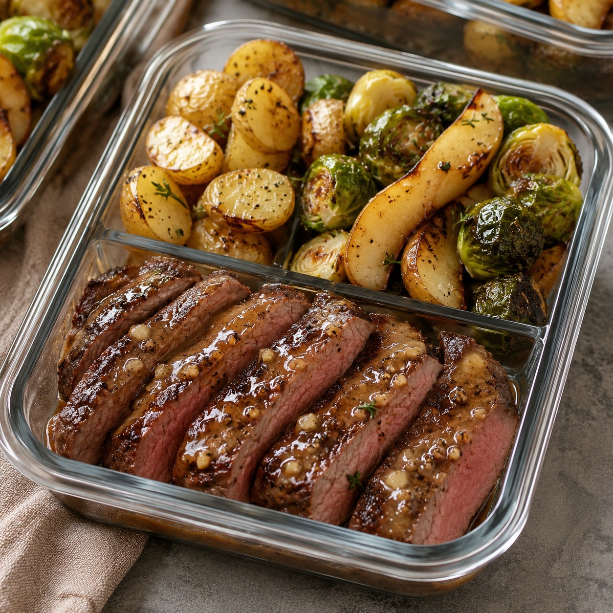Maple Dijon Steak with Roasted Brussels Sprouts and Pears