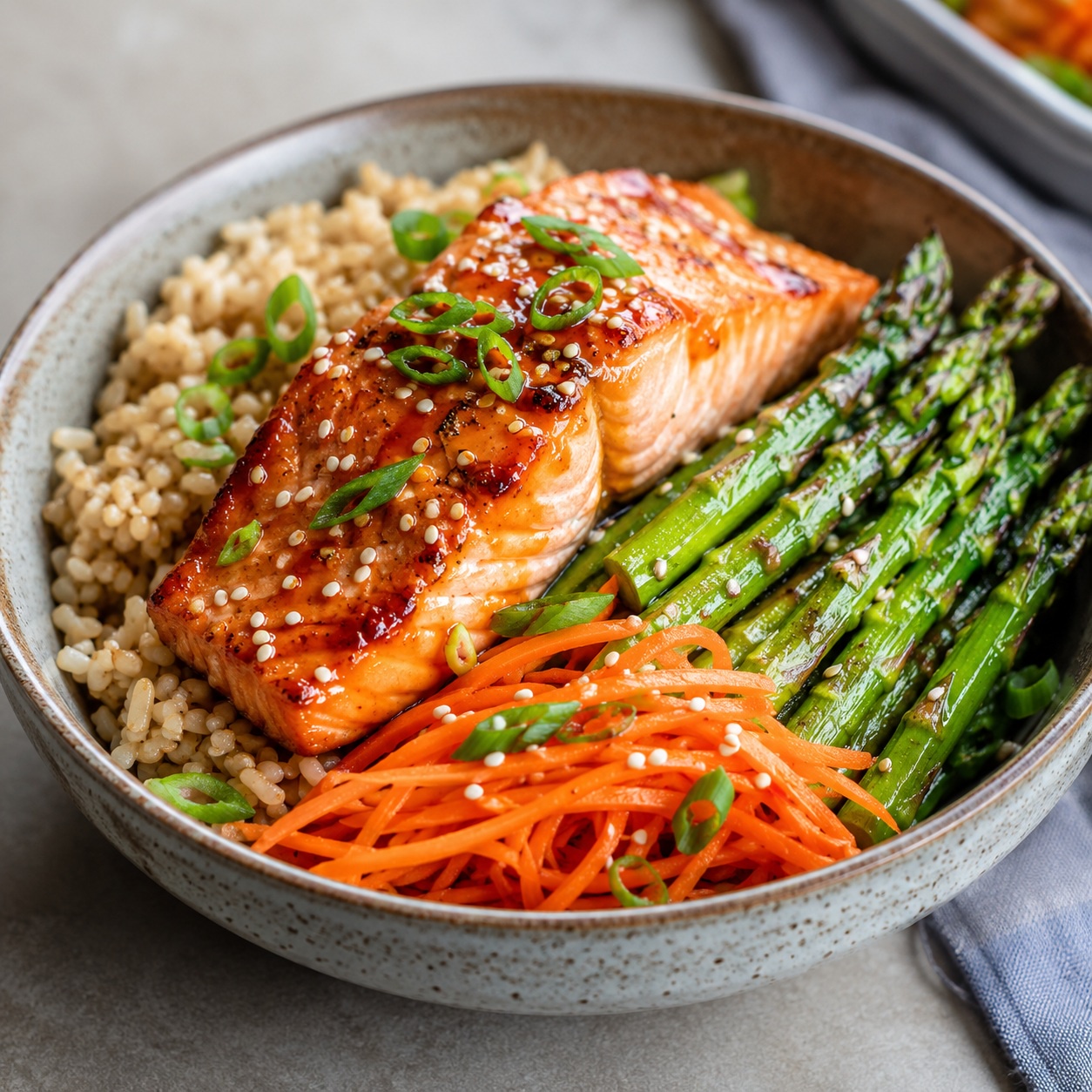 Miso Salmon Rice Bowl with Sesame Asparagus