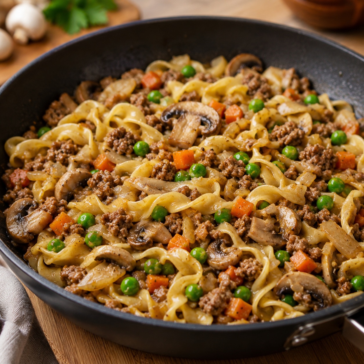 Garlic Beef and Mushroom Egg Noodle Skillet